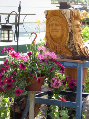 Birch Carving Trio in the Garden - Detailed View