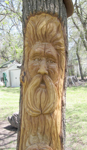 Elm Carving Duo in the Garden - Detailed View