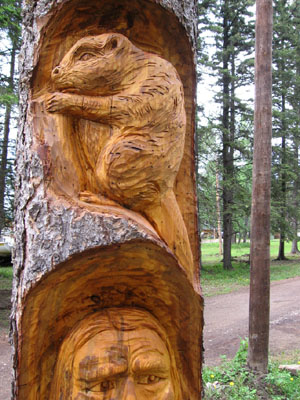 Spruce Carving Grey Owl in Waskesiu - Detailed View