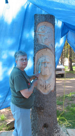 Spruce Carving Grey Owl in Waskesiu - Work in progress